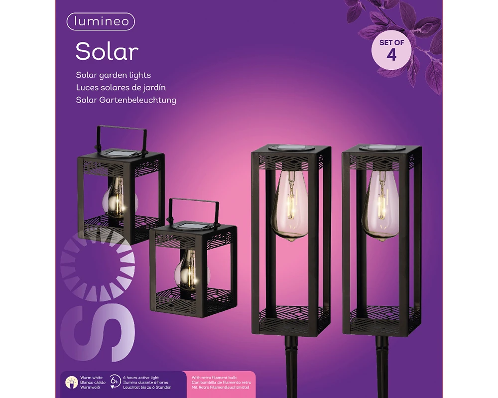 Lumineo Solar Set Met Tuinlamp En Lantaarn - LED - D10.5 X H80cm - Zwart - 4st.