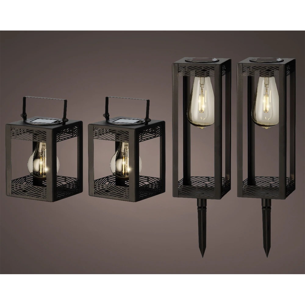 Lumineo Solar Set Met Tuinlamp En Lantaarn - LED - D10.5 X H80cm - Zwart - 4st. - Afbeelding 2