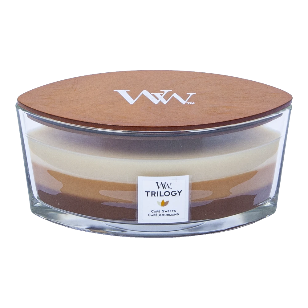 Woodwick Trilogy Cafu00e9 Sweets Ellipse Candle - Geurkaars